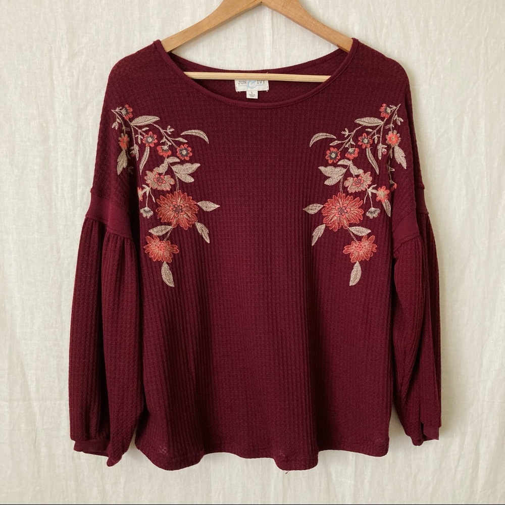 Jun & Ivy Maroon Waffle Knitted Balloon Long Sleeve